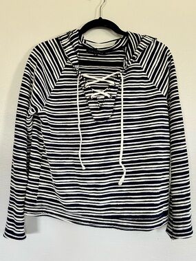 Sanctuary Terry Cloth Knit Striped Navy Blue/White Hoodie Size Medium